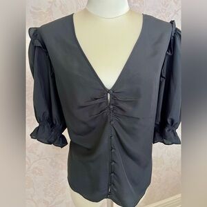 NWT- Joie short sleeve Black Ruched button up Blouse with Puff Sleeves